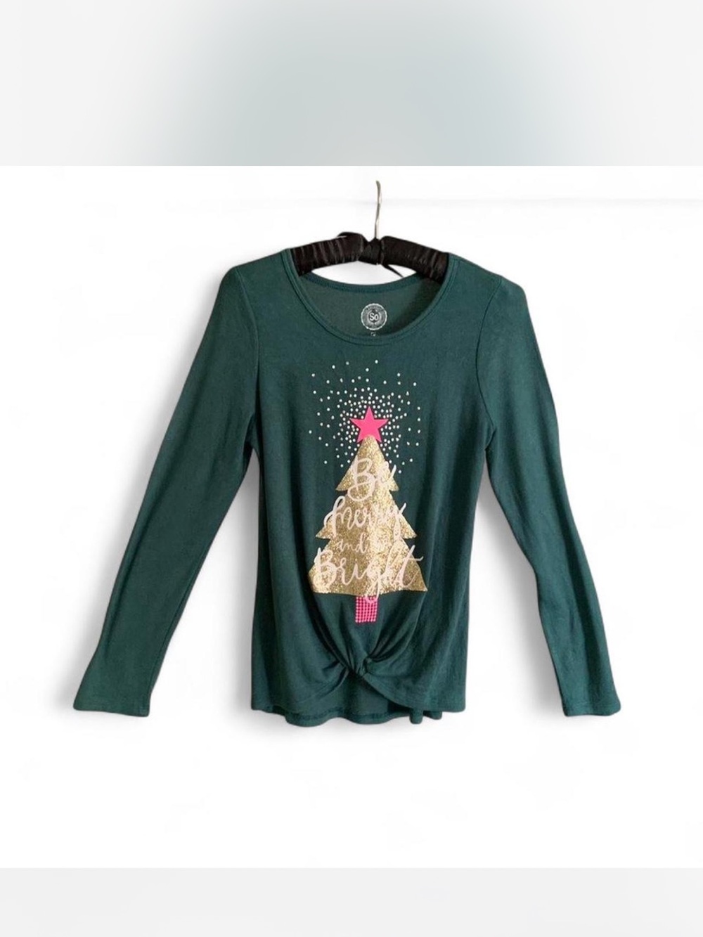 Holiday Christmas SO Forest Green Long-Sleeve Tee with Gold & Pink Tree Graphic